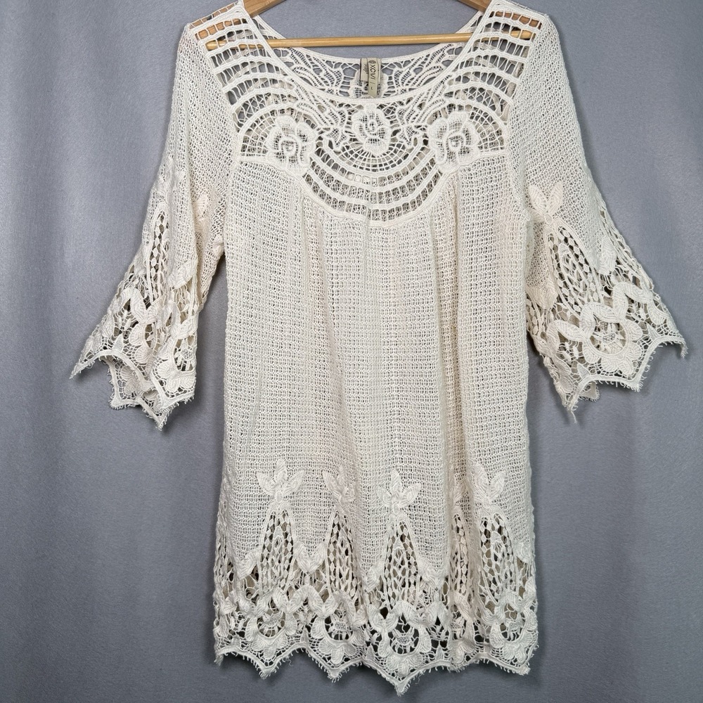 XCVI Crochet Lace Mini Dress Festival Boho Hippie Ivory 100% Cotton